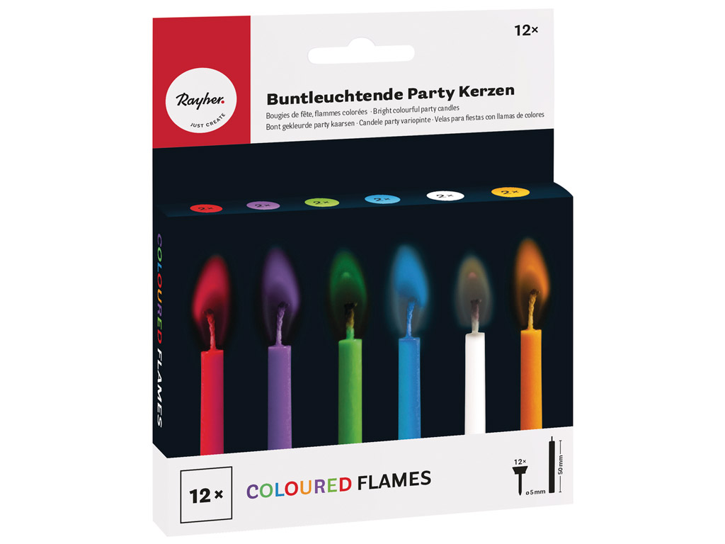 Cake candle Rayher with coloured flame d=5mm h=5.5cm 12pcs assortment