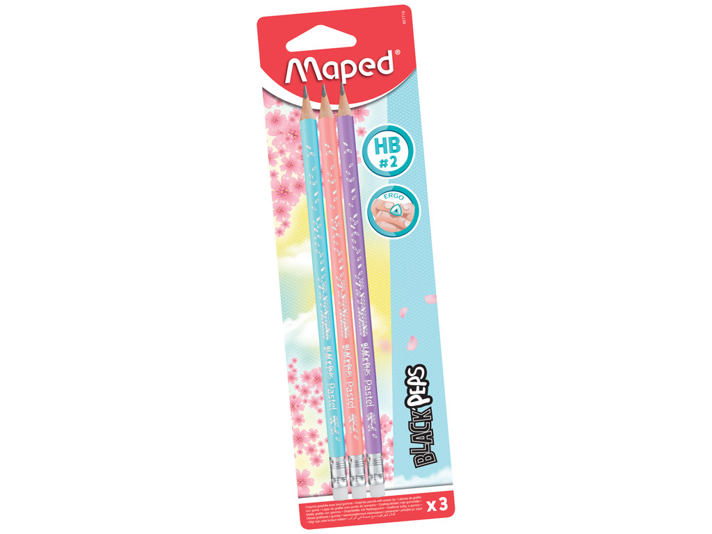 Graphite pencil Maped BlackPeps Pastel HB with eraser 3pcs blister