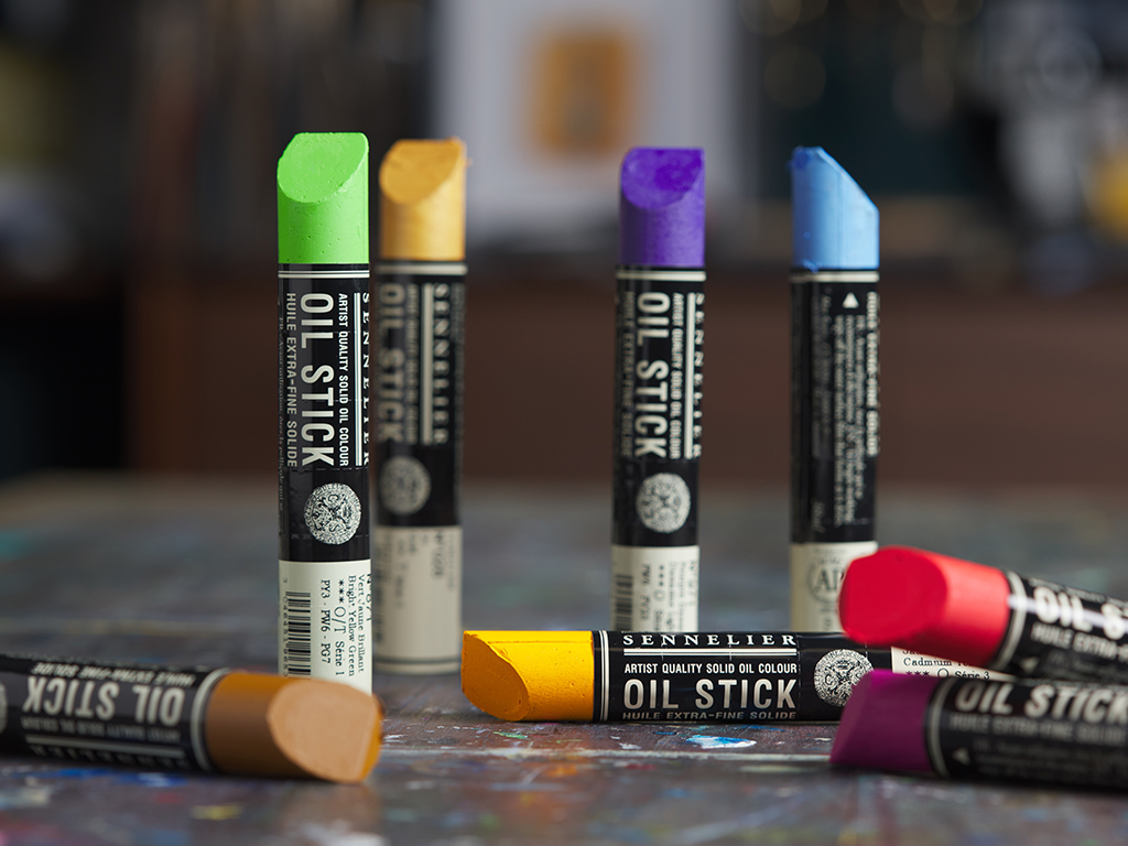 Paint with Oil Stick, The Oil Stick is a composition of oil paint. A  proportion of the oil is substituted with a neutral mineral wax, resulting  in the stick appearance. It
